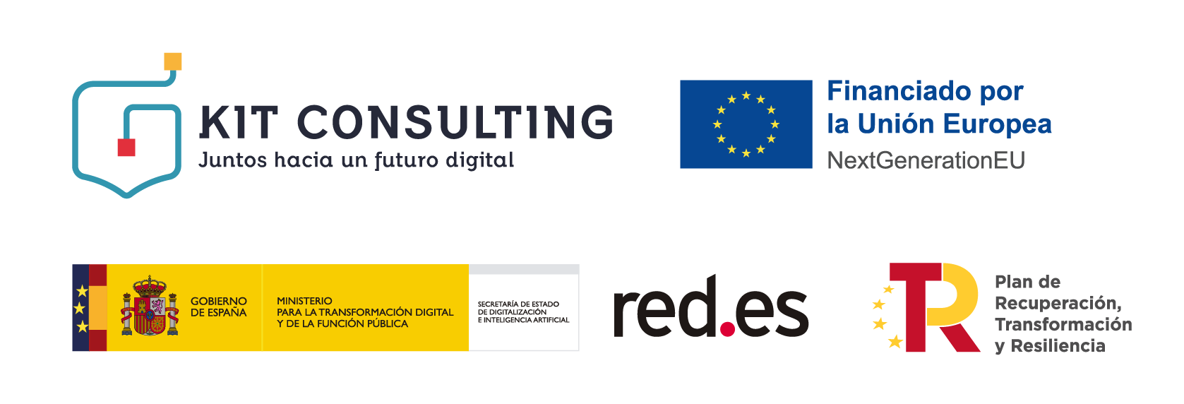 Logos oficiales Kit Digital, Unión Europea NextGenerationEU, Gobierno de España, Red.es y Plan de Recuperación